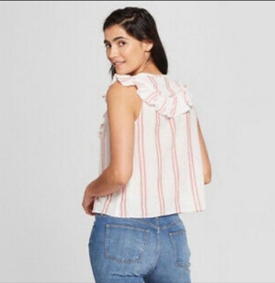 Universal Thread Red White Linen Stripe Ruffle Cropped Sleeveless Shirt‎ Medium - Picture 6 of 6